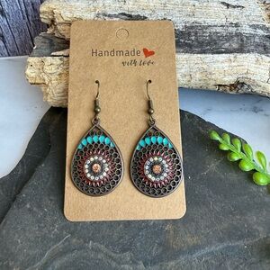 Boho Teardrop Earrings with Turquoise and Red Accents